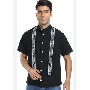Mens Black Short Sleeve Embroidered Band Collar Cuban Guayabera Shirt XL
